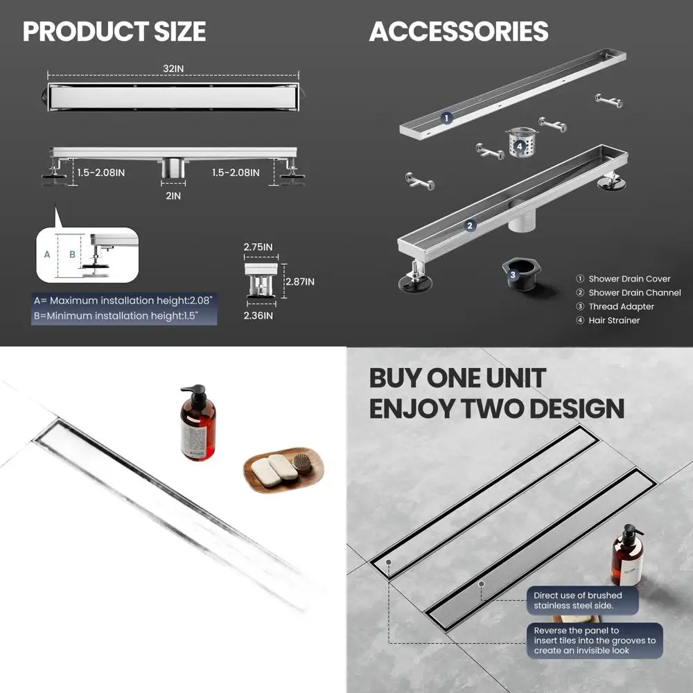 

32 Brushed 304 Stainless Steel Linear Shower Drain with Tile Insert for Bathroom, Kitchen, and Garage