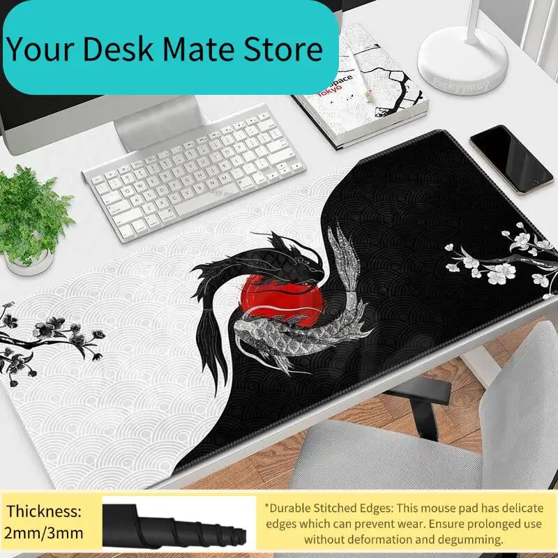 Fish Koi Gaming-Mauspads, Schreibtischteppich, Gamer-Mauspad, große Mausmatte, Schreibtischunterlage, Tastaturmatten, Design-Mauspad in Schwarz und Weiß