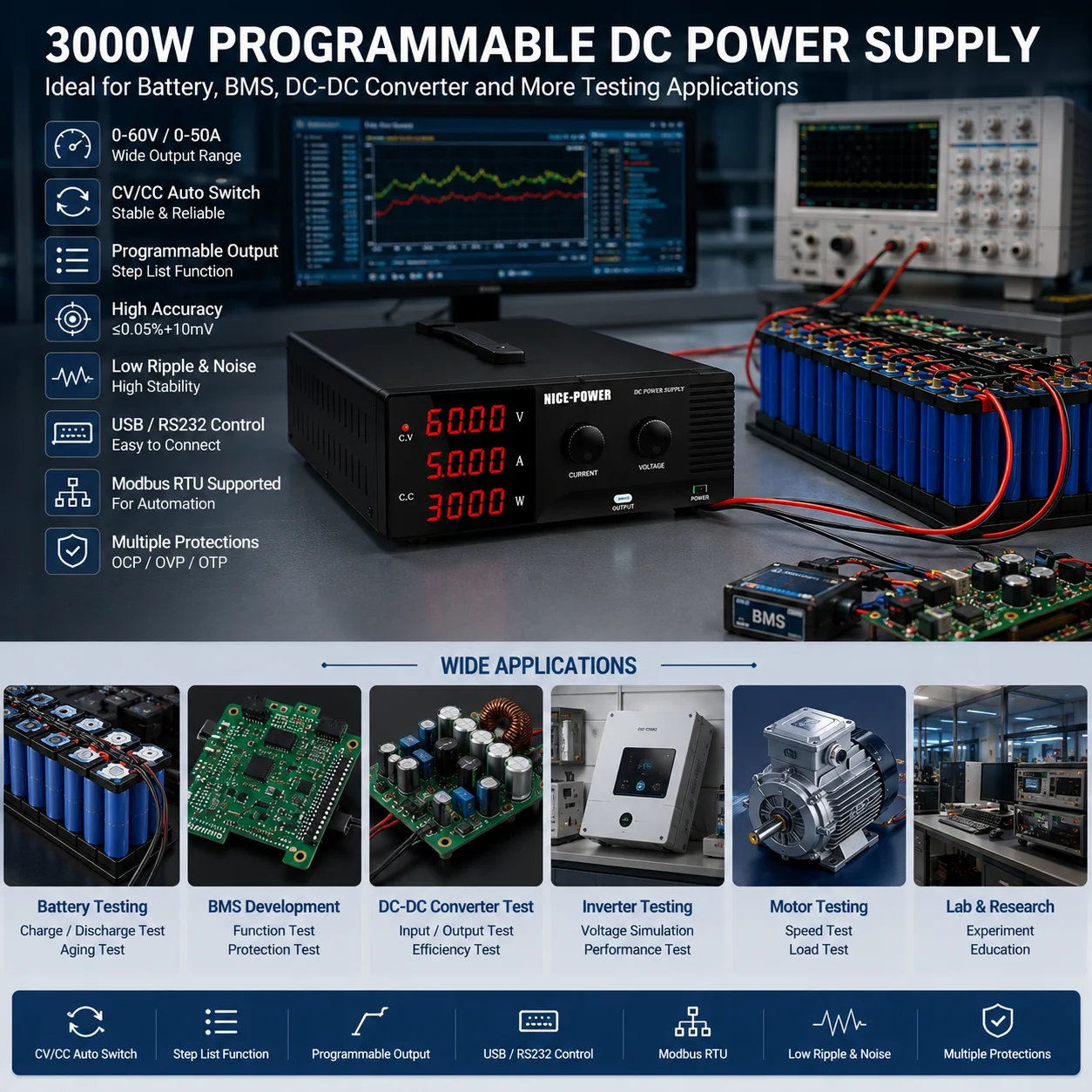 60V 50A 48V Batterie-Simulations-DC-Netzteil, Batterietestlösung, 100V 30A 300V 10A BMS-Entwicklung, Netzteil mit Modbus CSV Import, Wechselrichter-Testgerät, Automatisierter Batterie-F&E-Simulator,