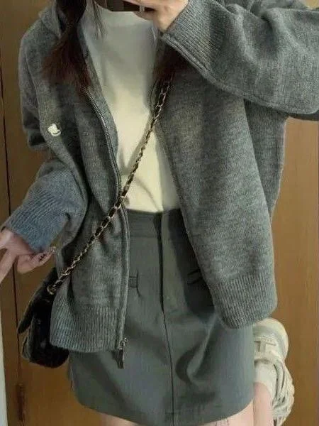 Early Autumn New Grey Embroidered  Color Knitted Open Cardigan Design Sense  Match Hat Women's Sweater Jacket