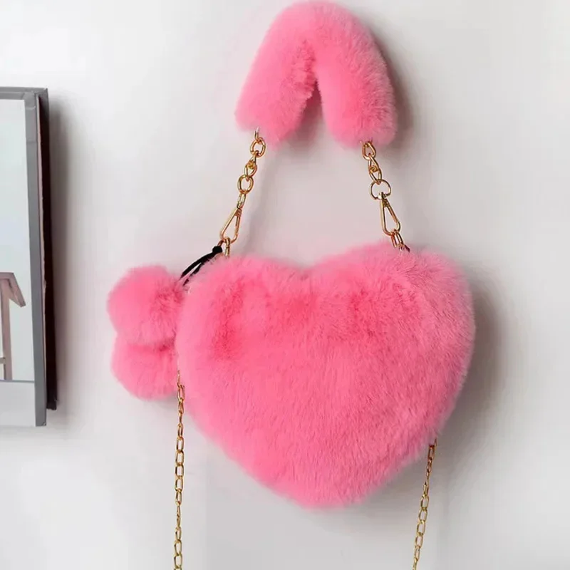 

Faux Fur Heart Shaped Women Small Handbag Fashion Female Furry Daily Clutch Purse Fluffy Plush Ladies Chain Shoulder Bag