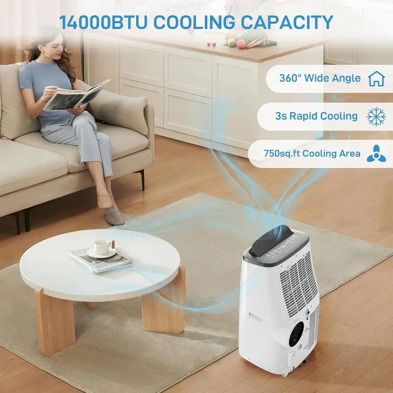 AC portabel 14000Btu dengan kendali jarak jauh, Unit AC portabel 4-in-1 dengan kipas & Dehumidifier