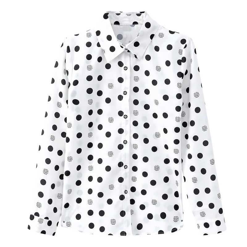بولكا دوت ساتان قميص حرير للنساء ، توب بأكمام طويلة ، بلوزة بيضاء ، قصة ضيقة ، موضة رأ ، الربيع والخريف