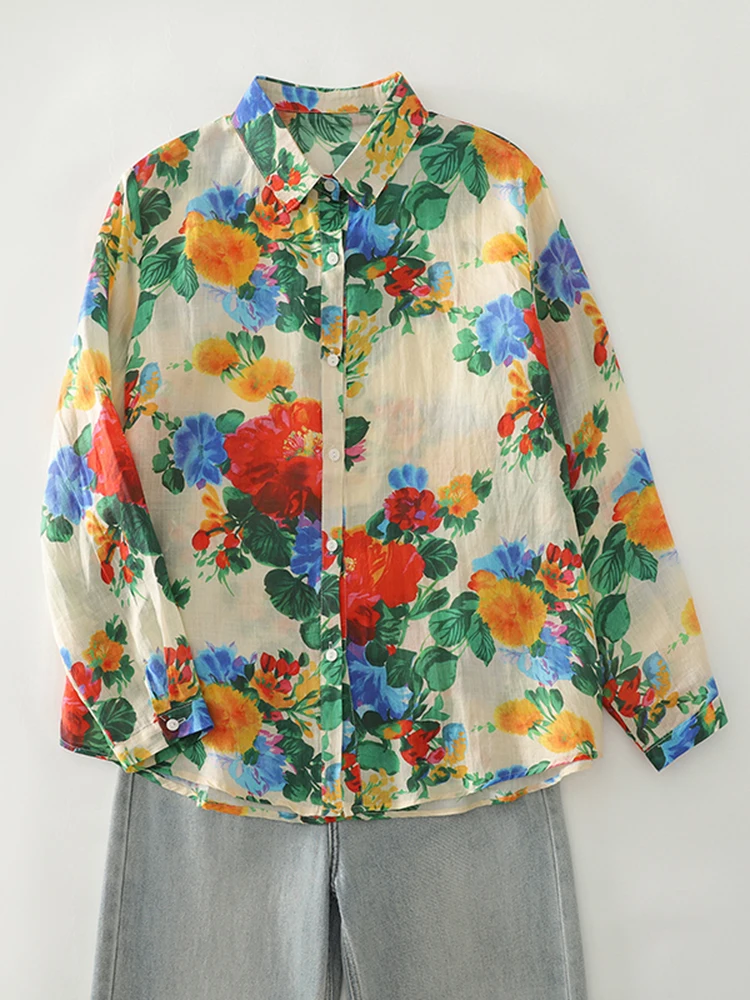 Spring Autumn Printed Cotton Hemp Long Sleeve Shirt Women New Thin Breathable Artistic Blouse Large Loose Casual Shirt Top S105
