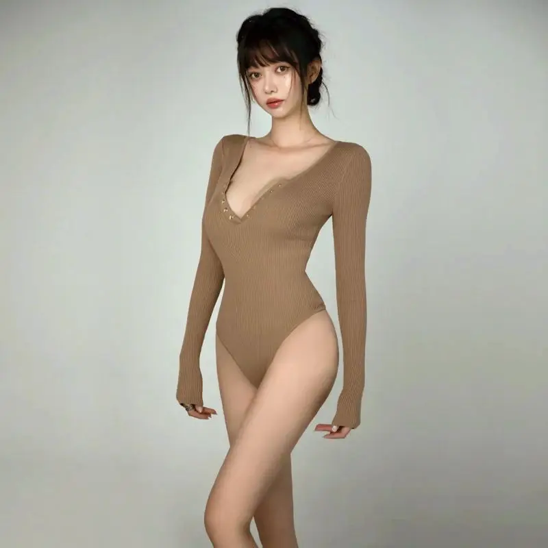 Sexy Fashion Series New Women's Elegant Spicy Girl Jumpsuit V-neck Trendy Street Sports Inner Long Sleeved Base Jumpsuit