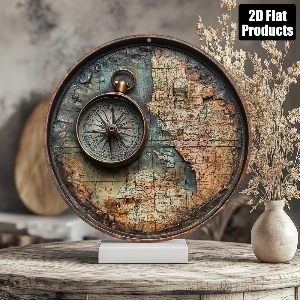 Handmade Vintage 2D Wooden World Map Wall Art 8-Inch Thick Compass Decor for Living Room