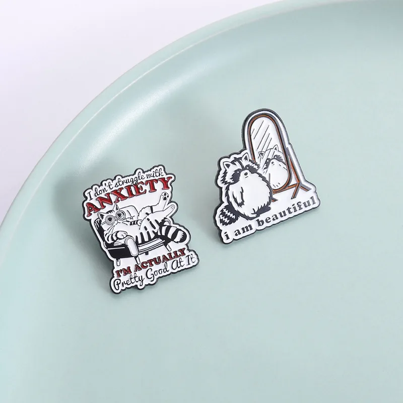 Cute Little Raccoon Healing Brooch with The English Quote 