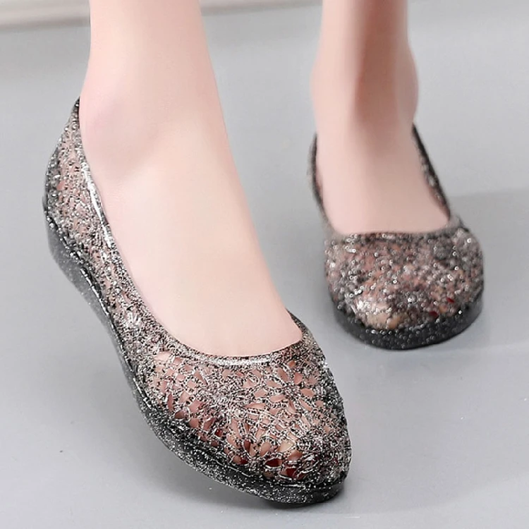 Summer Women's Hollow out Plastic Crystal Sandals Flat Bottom Beach Shoes Comfortable Anti-Slip Slip-On Sandals for Beach