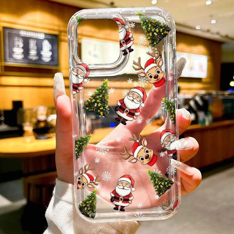 Santa Claus Elk Snowman Christmas Clear Phone Case for OPPO Reno 7Z 8T 5 6 6Z 7 8 8T 10 Pro Plus F9 F11 4G 5G Airbag Cover