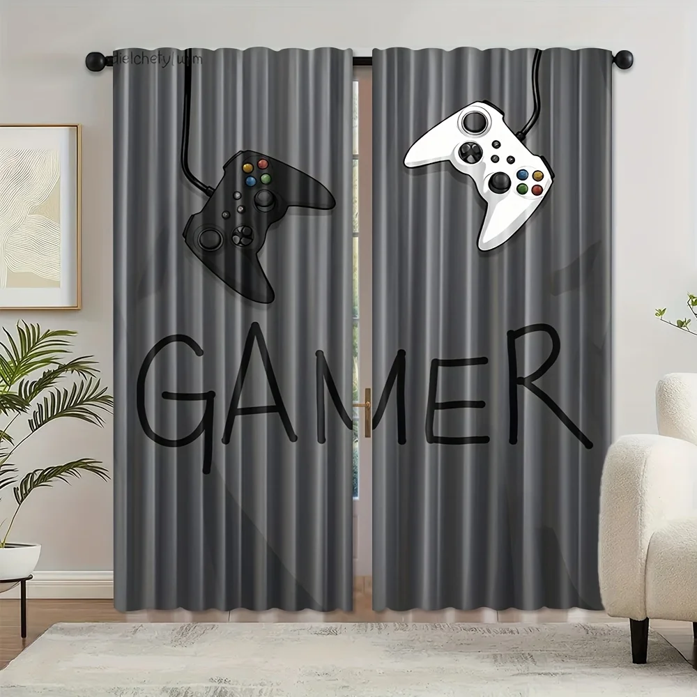 Gamer Text Controller Curtains, Black White Gamepad Print Blackout Drapes for Boys Room, Esports Video Game Home Decor