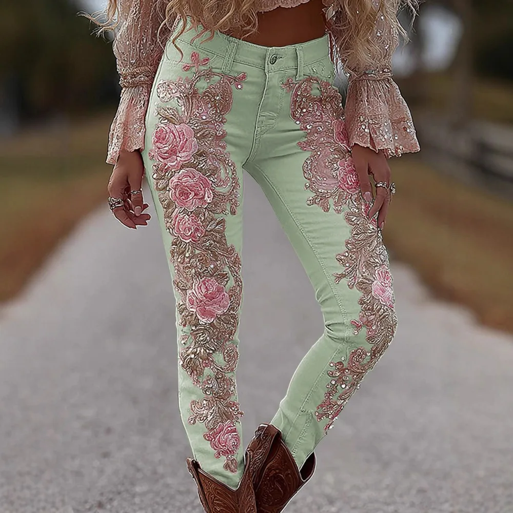 

Womens Casual 3D Floral Jeans Stretch Denim Straight Leg Pants