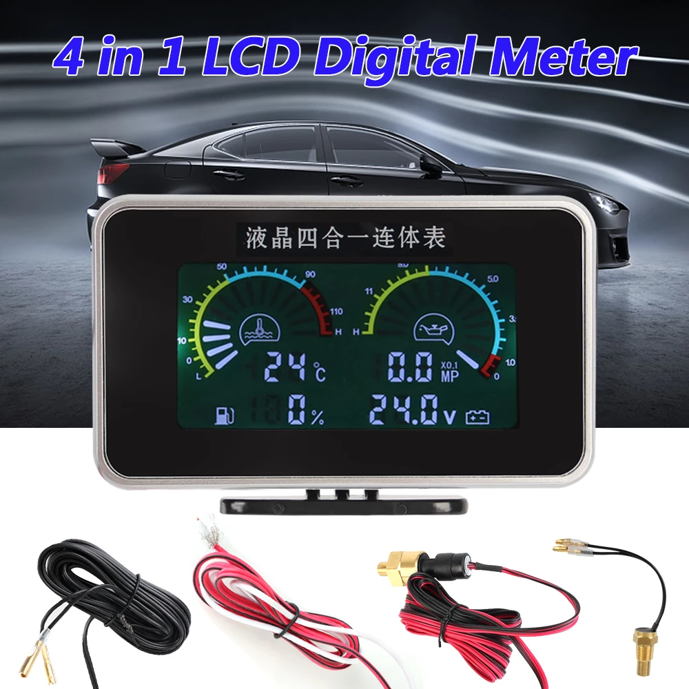 

Instrument Panel Digital Display Sensor 4 In 1 Voltmeter Water Temp Meter LCD Car Digital Oil Pressure Gauge