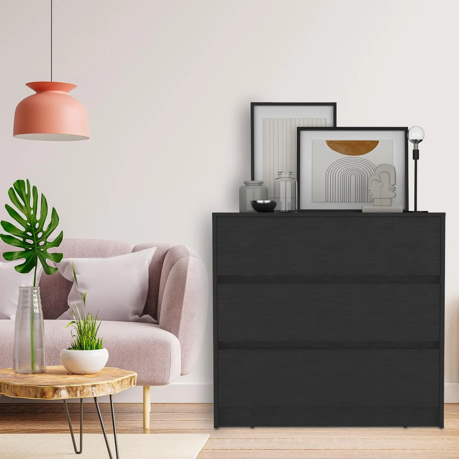 Modern Black Chest of Drawers - 31"H, 3 Spacious Drawers with Metal Rails, Ideal