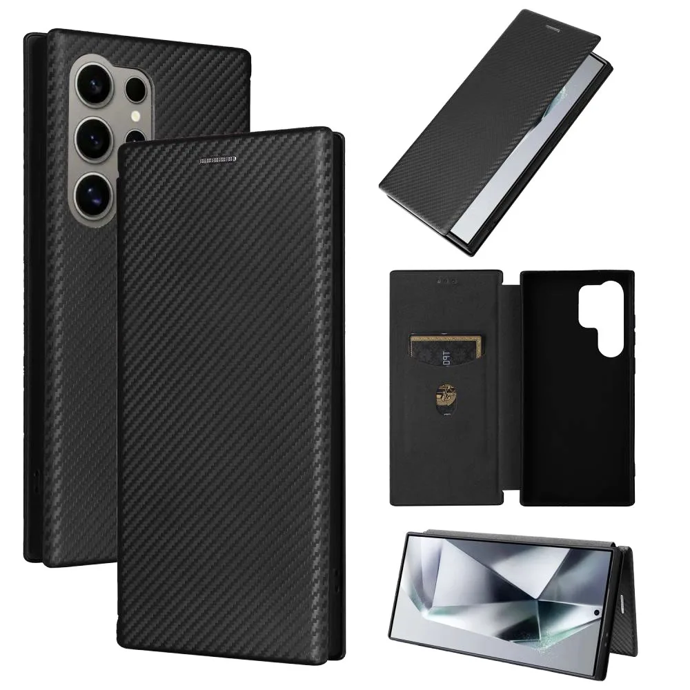 Magnetic Close Carbon Fibre Flip Cover Leather Wallet Case For Samsung Galaxy S24 Ultra S23 S22 S21 Plus S20FE S24FE S23FE S21FE