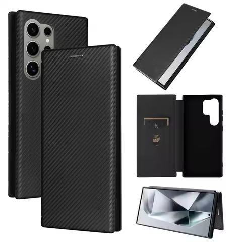 Magnetic Close Carbon Fibre Flip Cover Leather Wallet Case For Samsung Galaxy S25 Ultra S24 S23 S22 S21 S20FE S24FE S23FE S21FE