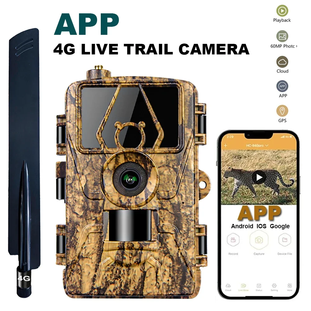 

4G LIVE Trail Camera APP Control IR Night Vision Hunting Trap HD Camera 60MP 8K with SIM Card Cellular Mobile Wildlife Cam