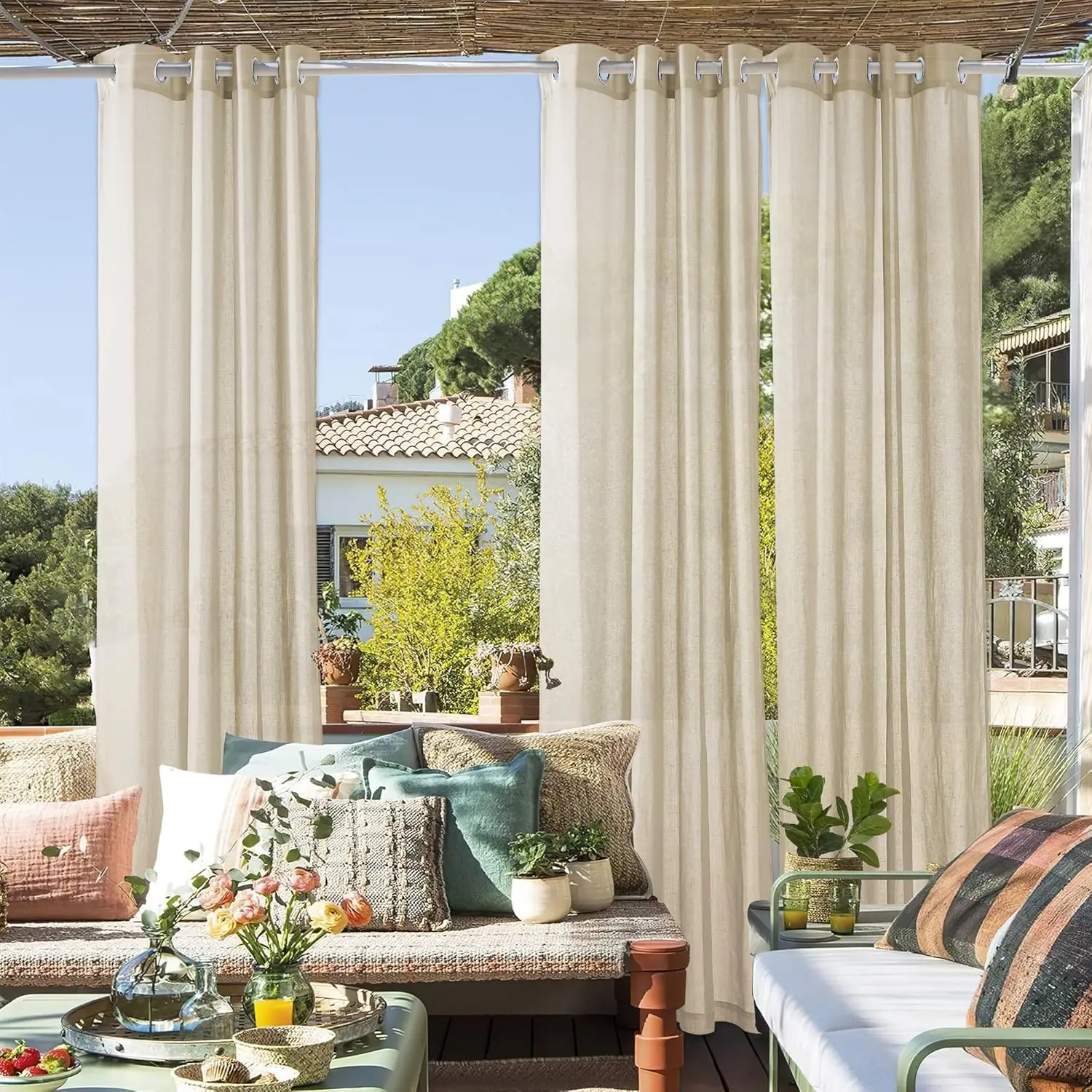 Linen Outdoor Sheer Curtains, Waterproof  Privacy Added Light Filtering Drapes for Patio, Gazabo Porch, Pergoa Balcony
