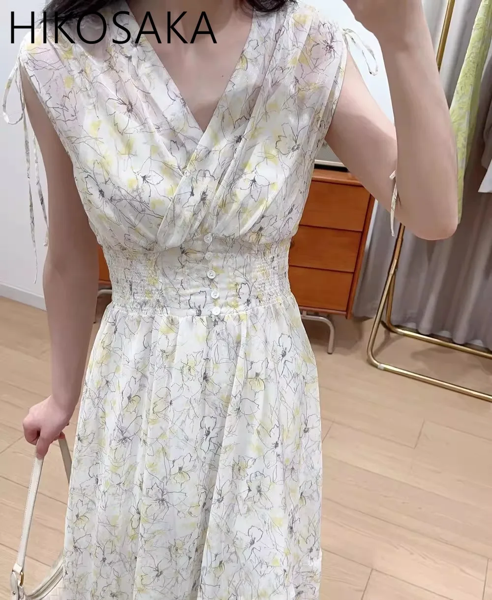 

Cross V-neck Fresh Print Dress Lace Up Sleeveless Drawstring Slim Waist A-line Robe Japanese Temperament Summer Vestidos Mujer