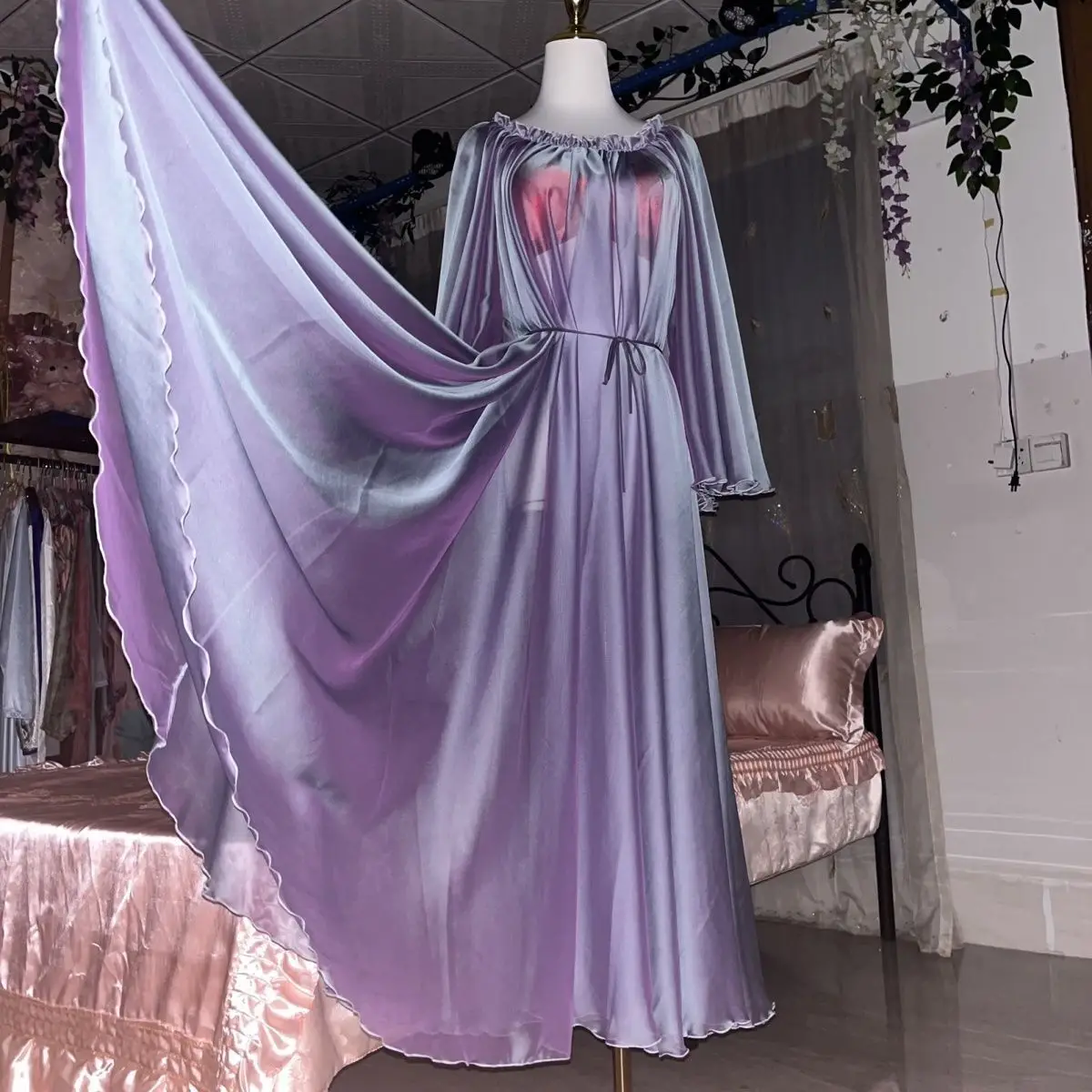 135cm Length 40-140kg Glossy See Through Chiffon Shiny Women Long Dress Elegant Batwing Sleeve Night Maxi Dress