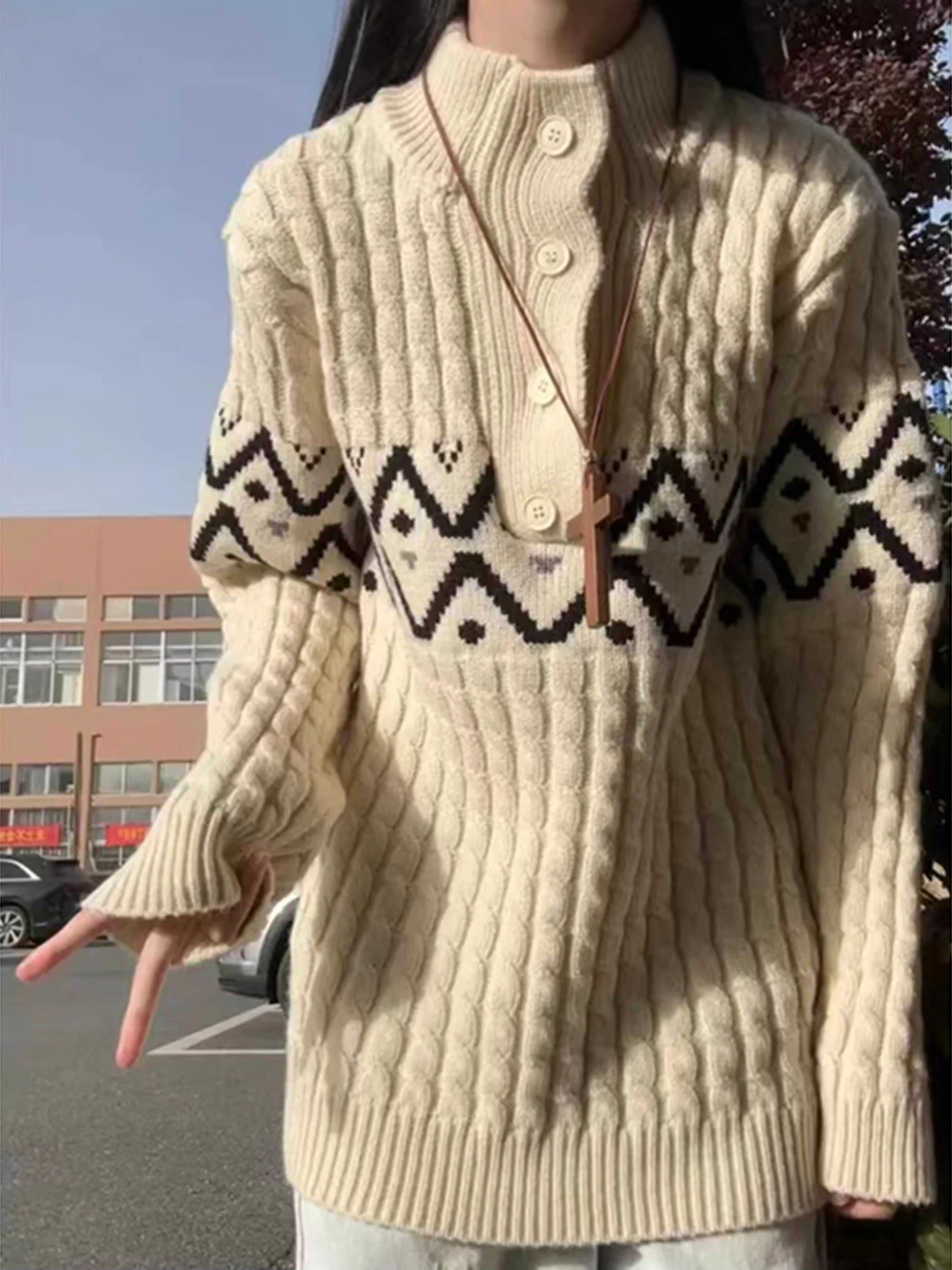 

Men's Mid-Weight Knit Sweater High Collar f Open Front Geometric Patterned Warm Casual Sle Winter Faion Loose Fit