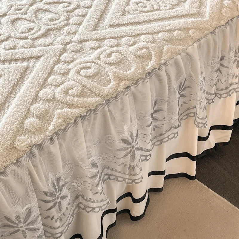 Soft Plush Bed Skirt for Autumn Winter Thick Warm Three Piece Set with Pillowcase Lace Edge Anti Slip Protective Beds Covers