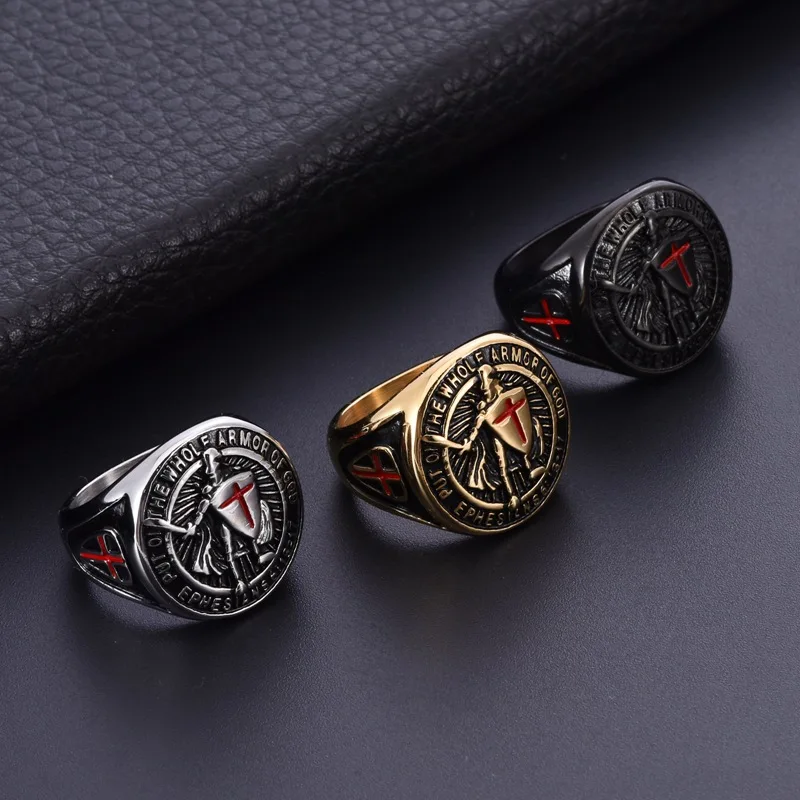 Knight Templar Shield Red Cross Men Rings Stainless Steel Retro Punk Stylish Women Jewelry Fashion Accessories Gift Wholesale