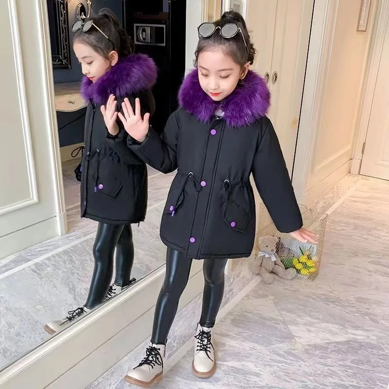 Girls Winter Padded Thickened Outerwear Children's Fashion New Warm Coat Kids Cold Solid Colour Hooded Jacket 4-14 Years Old