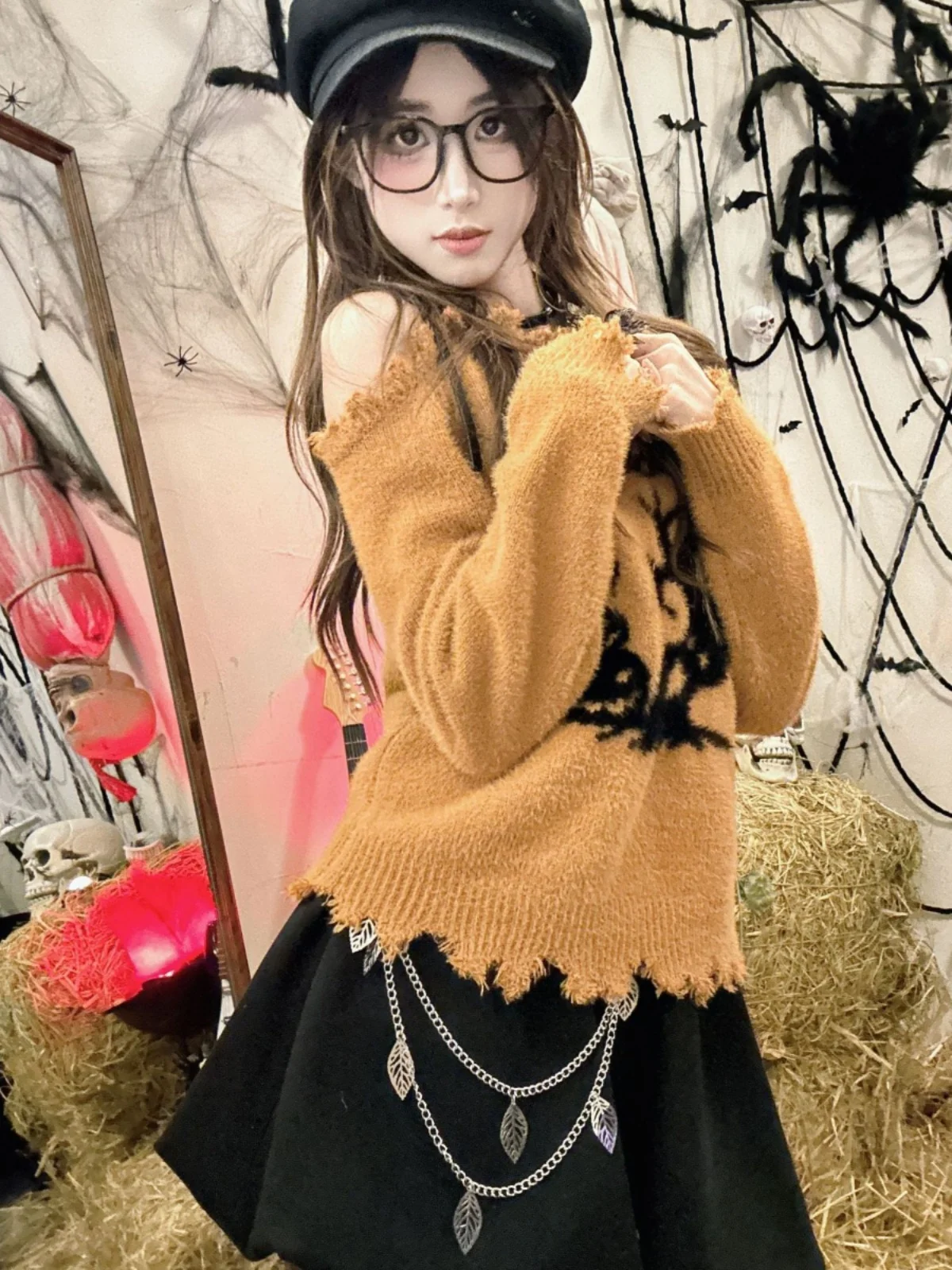Street Sle Witch Pumpkin loween Maglione da donna Autunno Inverno Arancione lavorato a maglia o spalla Bared Top Pure Desire Loose Fit