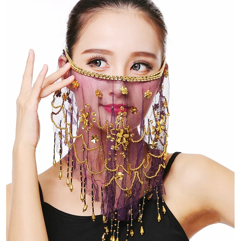 Women Belly Dance Tribal Face Veil Bollywood Face Veil Beaded Masquerade Mask India Dance Accessories Face Veil Arabic Princess