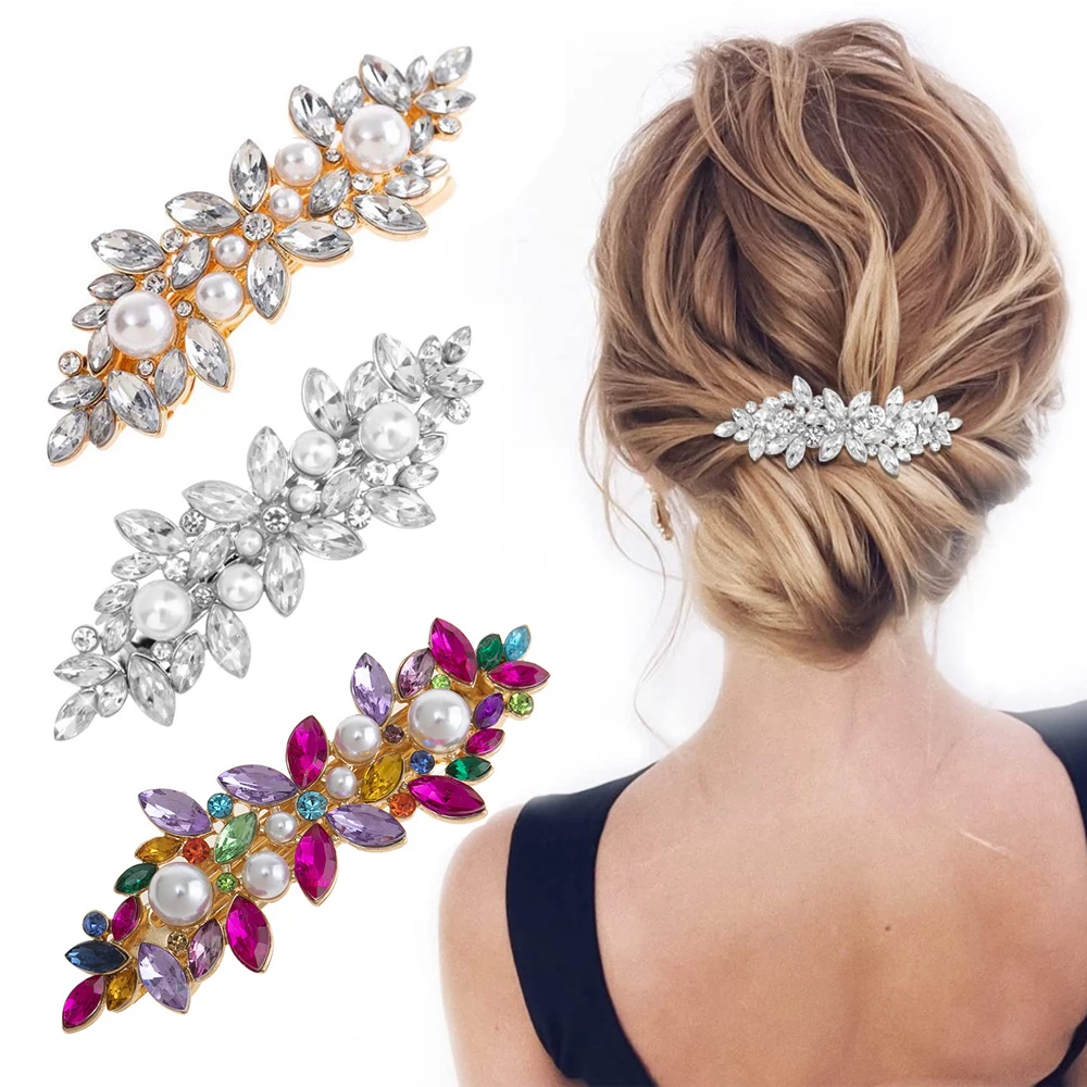 

Luxury Rhinestones Faux Pearl Spring Clip Women Elegant Crystal Leaf Flower Hairpins For Bridal Wedding Headdress Accessories