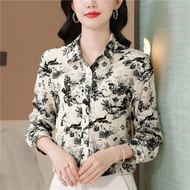 

Satin Women's Shirts Spring/Summer Retro Prints Blouses O-Neck Floral Clothing Loose Long Sleeve Women Tops