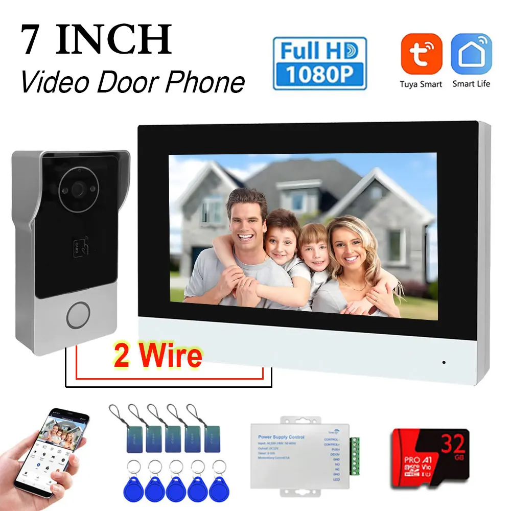 الذكية TUYA 1080P 7 بوصة تعمل باللمس واي فاي جرس باب يتضمن شاشة عرض فيديو 2 سلك فيديو إنترفون 32G بطاقة Rceord عدة كشف الحركة ID Unlcok