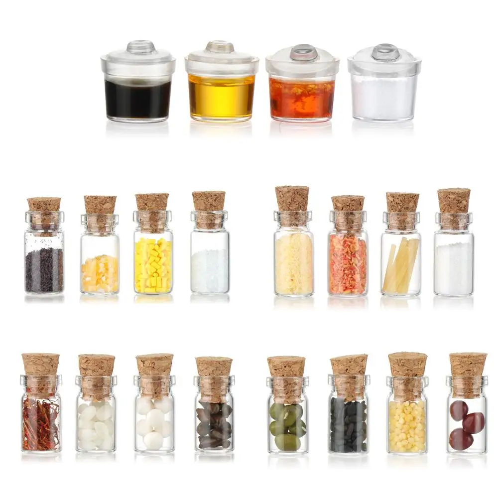 4PCS Mini Seasoning Jar Dollhouse Kitchen Toy Miniature Spice Bottle Simulation Glass Vial Scene Dolls Playing House Model