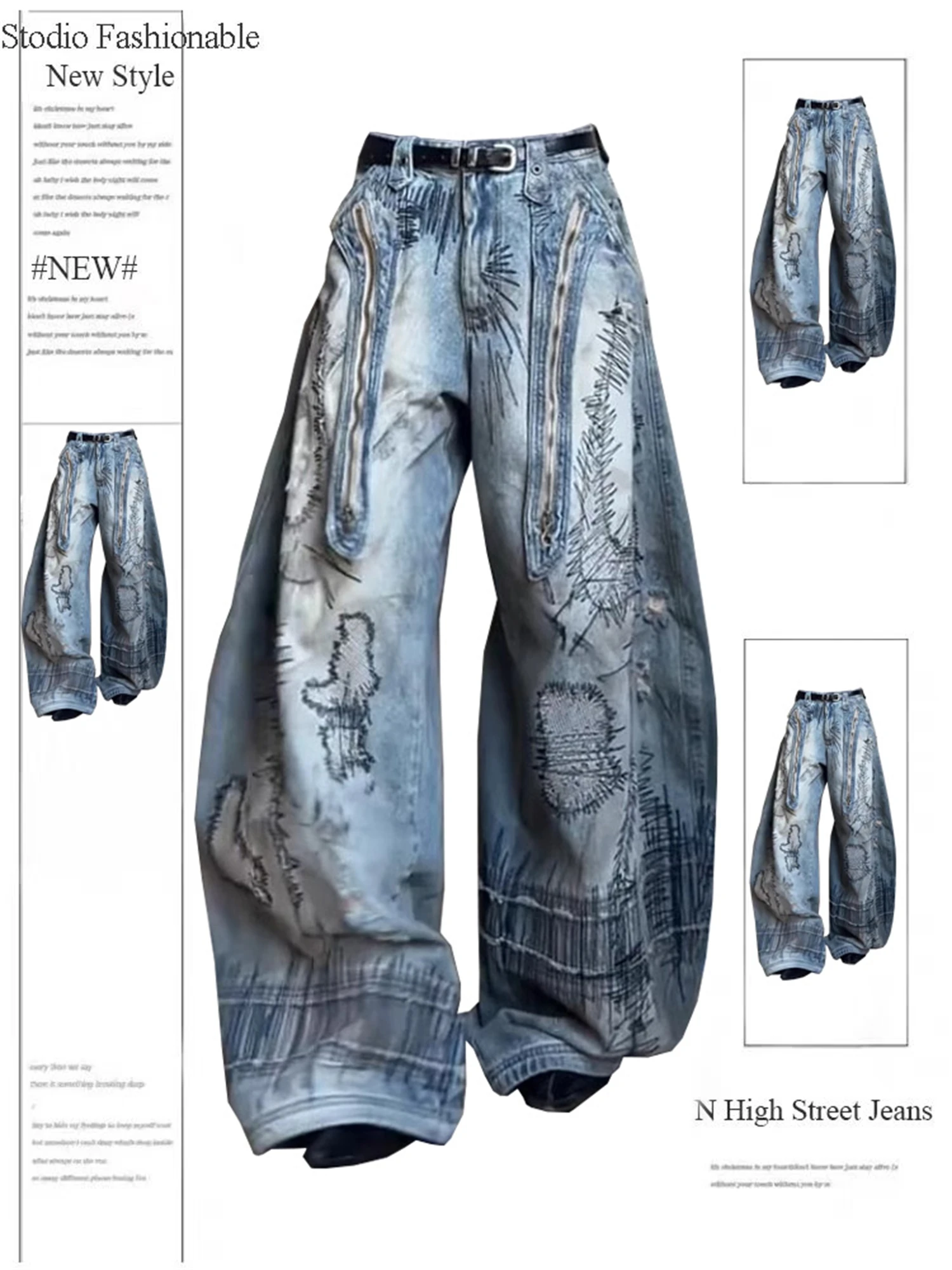 

Y2K Women's High Waist Wide Leg Jeans Vintage Washed Artistic Pattern Zipper Detail Distressed Loose Streetwear Denim Trousers
