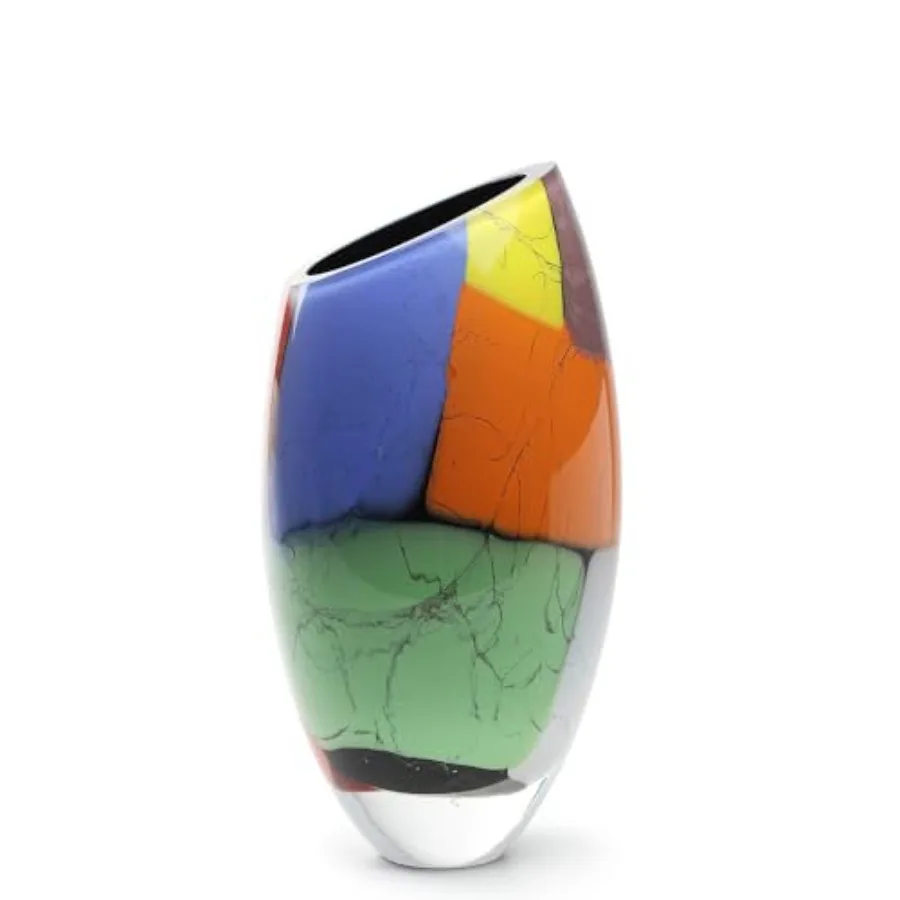 Home decor vase hand-blown Murano-style art glass with colored splinters gold accent elegant translucent finish