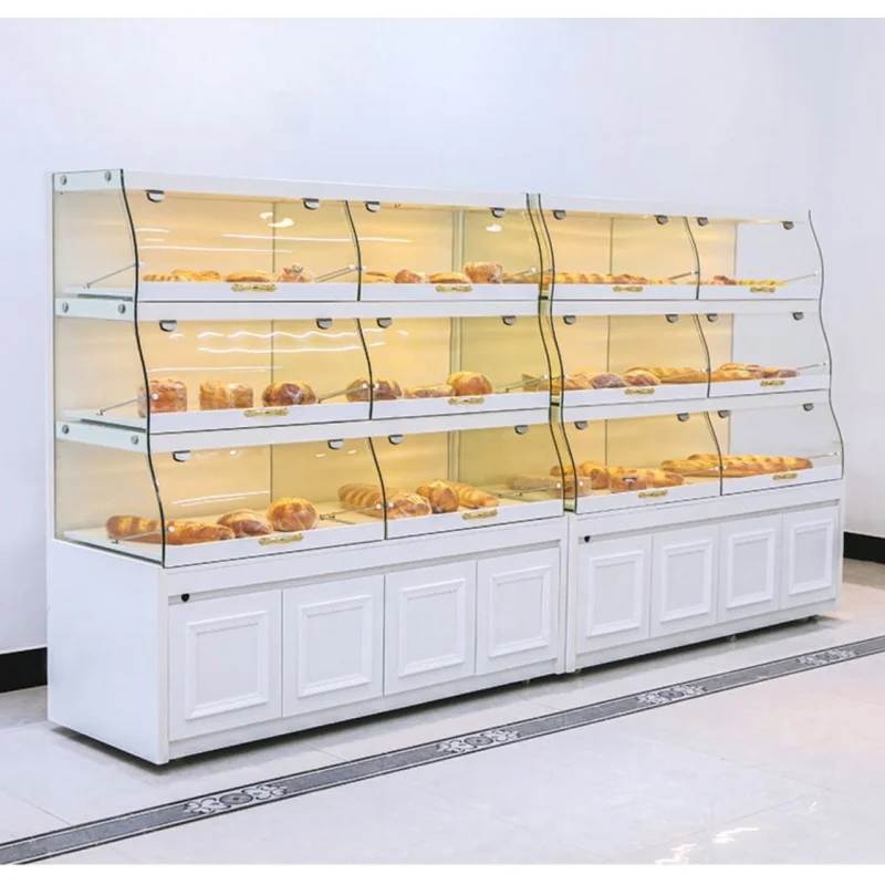 custom.Guangdong Wooden Commercial Showroom Shop Bakery Cake Display Gondola Bread Display Cabinet