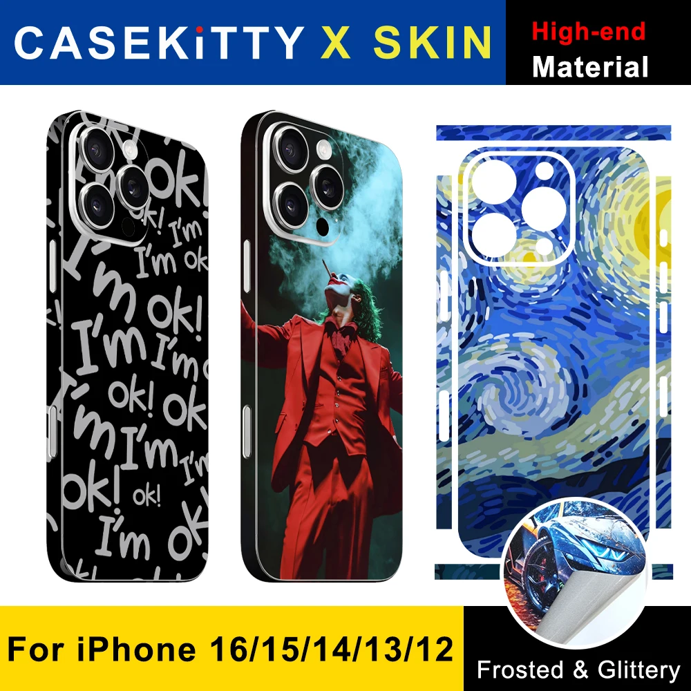 CASEKITTY 스킨 랩, 아이폰 16 프로 맥스 스티커, 15, 14 플러스 백 필름, 13, 12 미니 보호 데칼, 사이드 프레임 백 보호대 