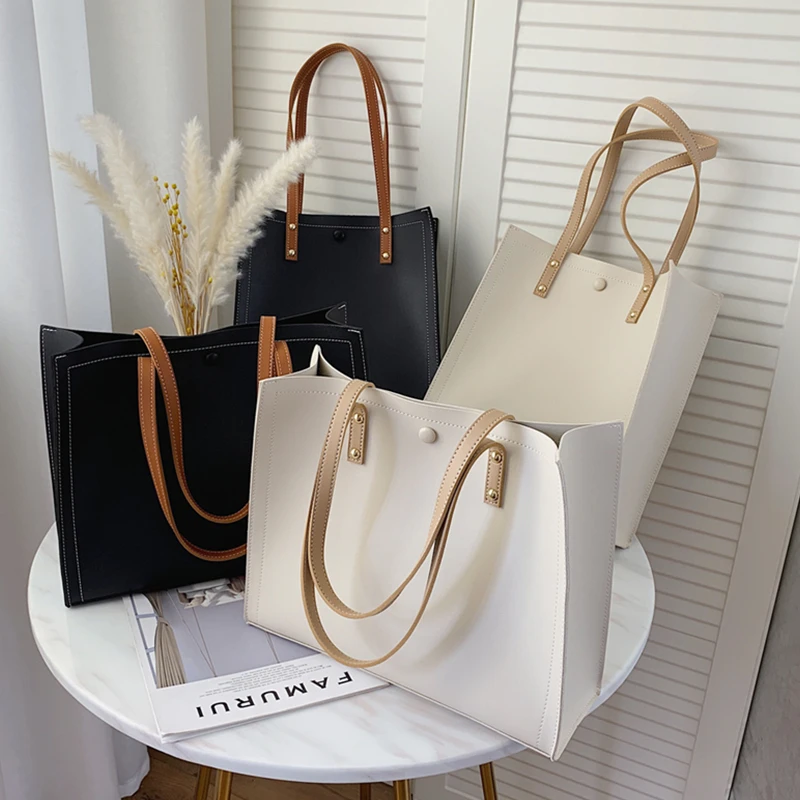 Hifashion 2 Pcs/Set Large Shoulder Tote Bags For Women 2023 Trend Designer Shopper PU Leather Ladies Work Handbags Beige Black