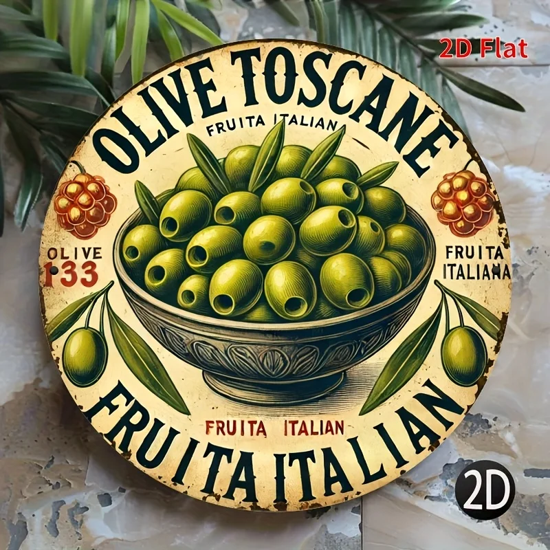 2D Flat Style, [2D Flat] 1pc Vintage Italian Tuscany Olive Metal Wall Decor Sign - 8.0X8.0 inch Rustic Style Round Olive Bowl De