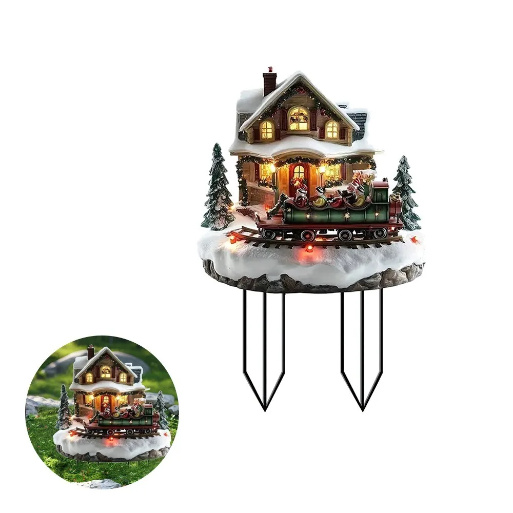 New Acrylic Yard Signs Creative Santa Claus Cedar Christmas Train House Waterproof Wear-resistant Garden Stake Gifts