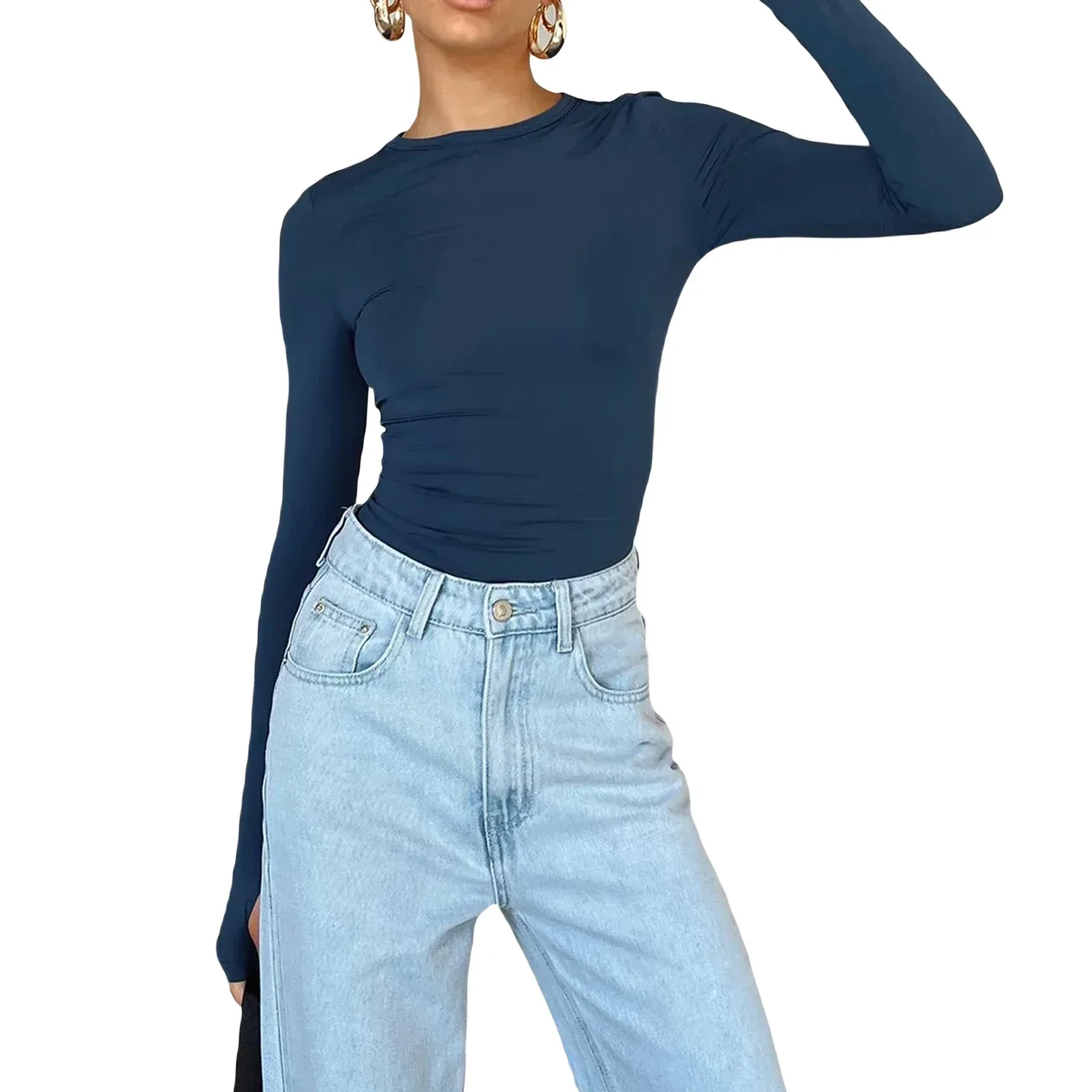 Basic Crewneck Casual Crop Tops for Women Y2k Solid Skinny Long Sleeve Slim Fits Stretchy Cropped Tees T-shirts with Thumb Holes