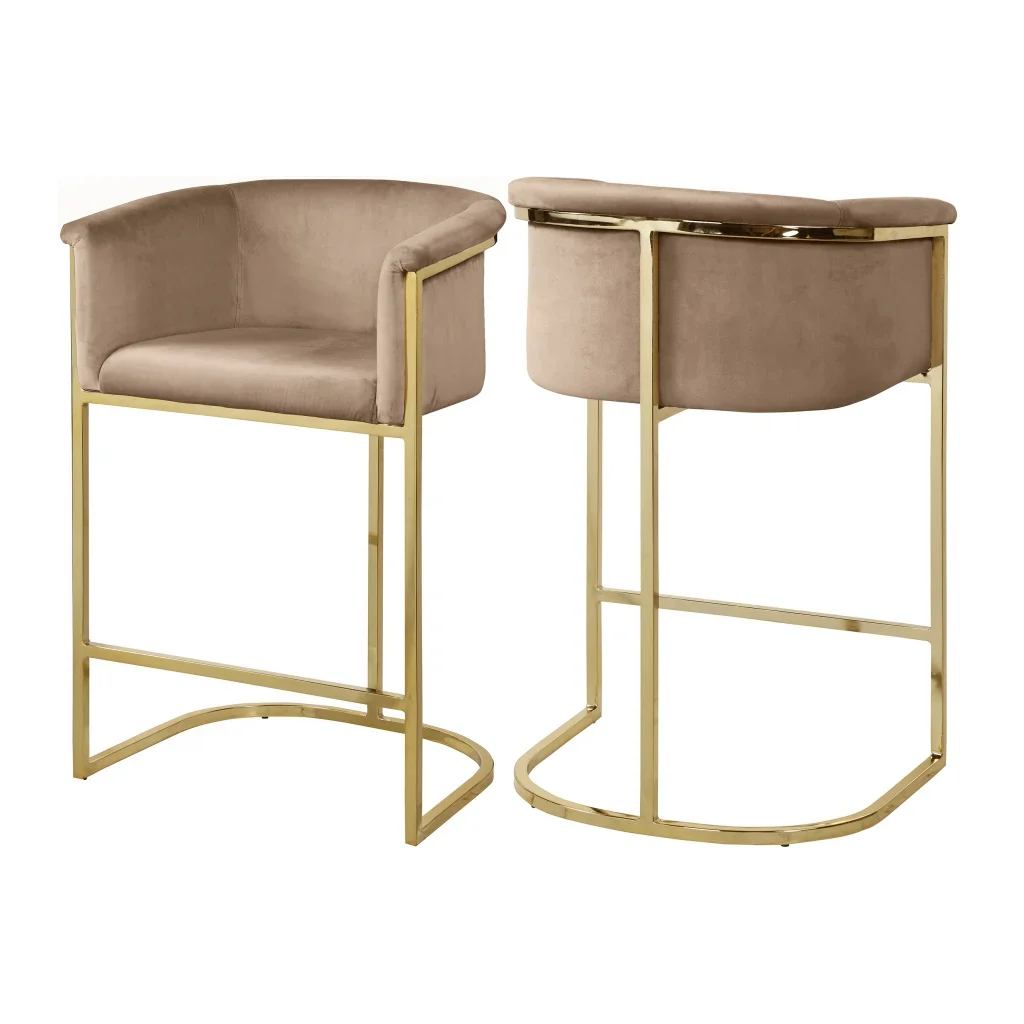 Luxury Modern Vintage Design Velvet Industrial Furniture Armrest Gold Metal Leg High Bar Stool Chair for Bar Home Coffee Shop