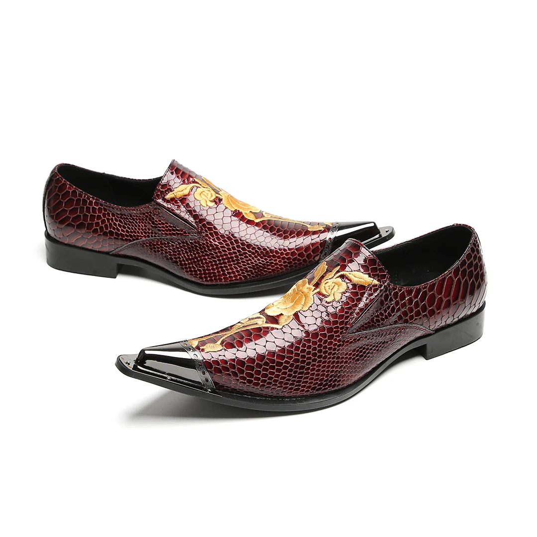 Schwarze Herren-Kleiderschuhe aus Leder mit goldener Blumenstickerei | Schlange – Hautstruktur und spitzes Zehen-Design – Detail 18