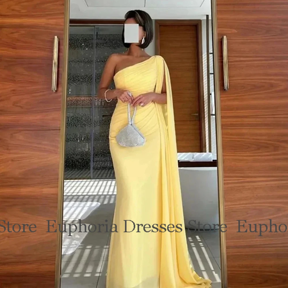 Formal Prom Gowns for Ladies Saudi Arabia Jersey Sheath/Column Evening Dress Yellow One-shoulder Cloak Sleeves Pleat Party Gown image 2