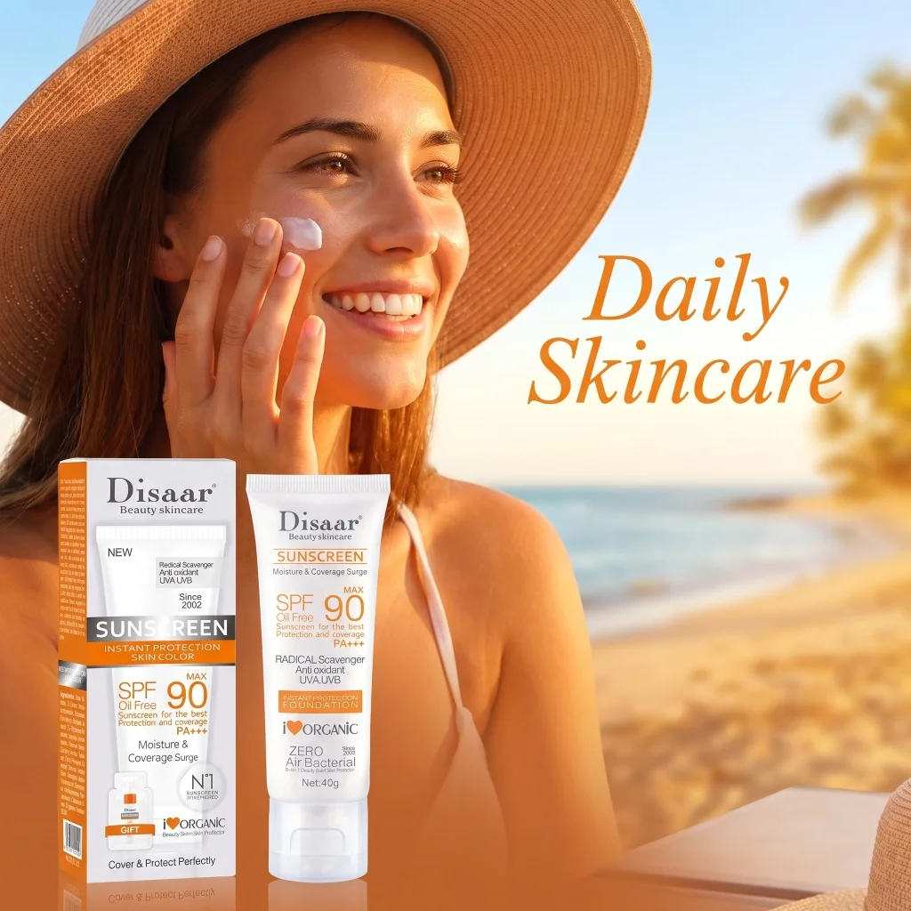 SPF90 PA+++ Oil Free Sunscreen Cream Organic Antioxidant UVA UVB Protection Hydrating Light Coverage Facial Sun Care Foundation