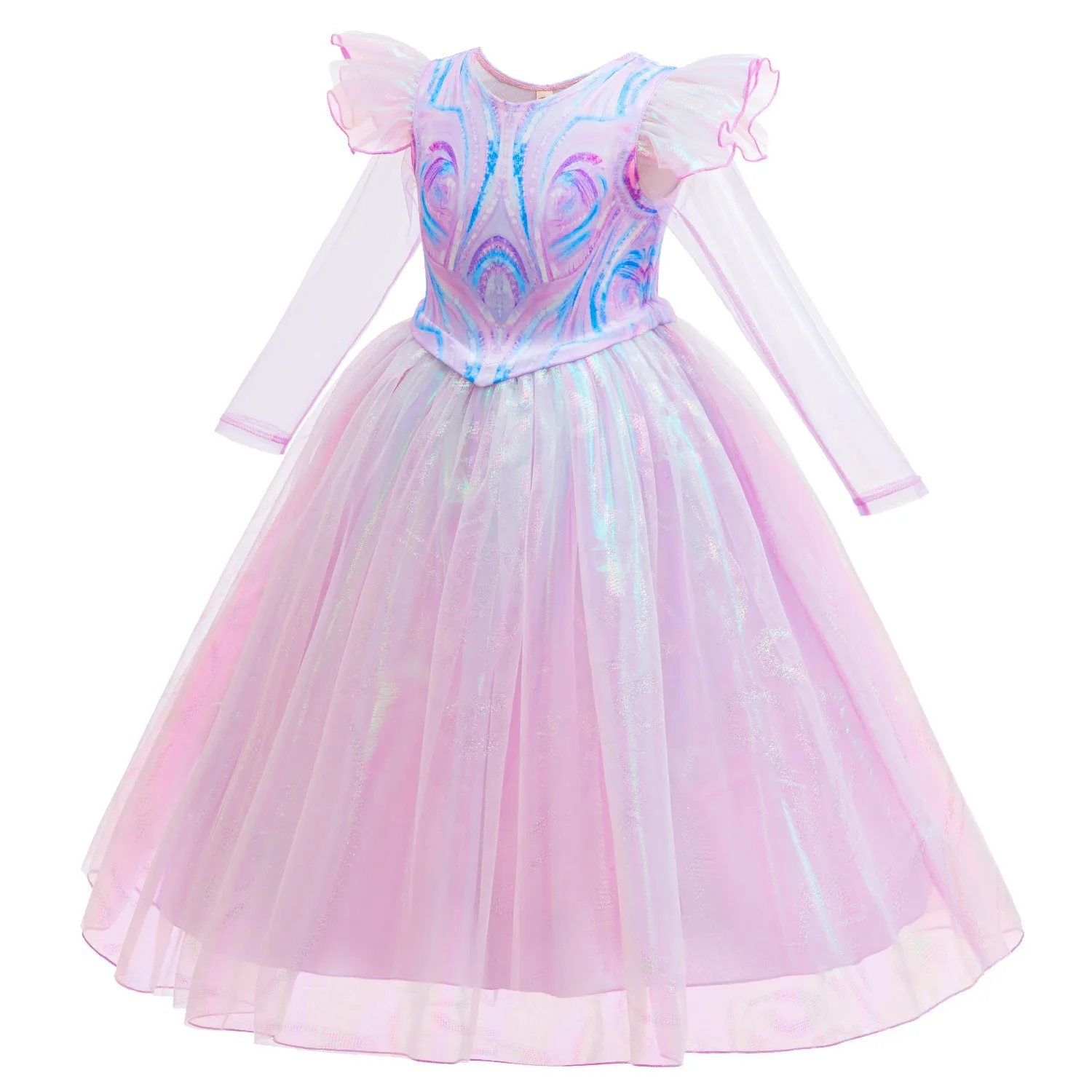 Girls Glinda Shiny Tulle Princess Dress Long Sheer Mesh Sleeve Ruffle Shoulder Gown for Birthday Halloween Party Cosplay