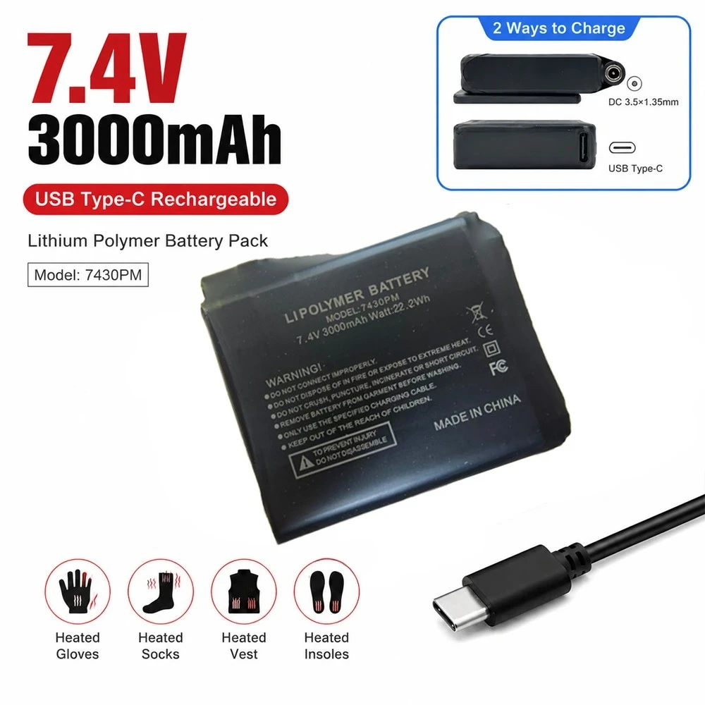 7.4V 3000mAh 7430PM Rechargeable Battery for Heated Gloves Heated Socks Heated Vest,  USB Charging Cable Winter Heated Gear