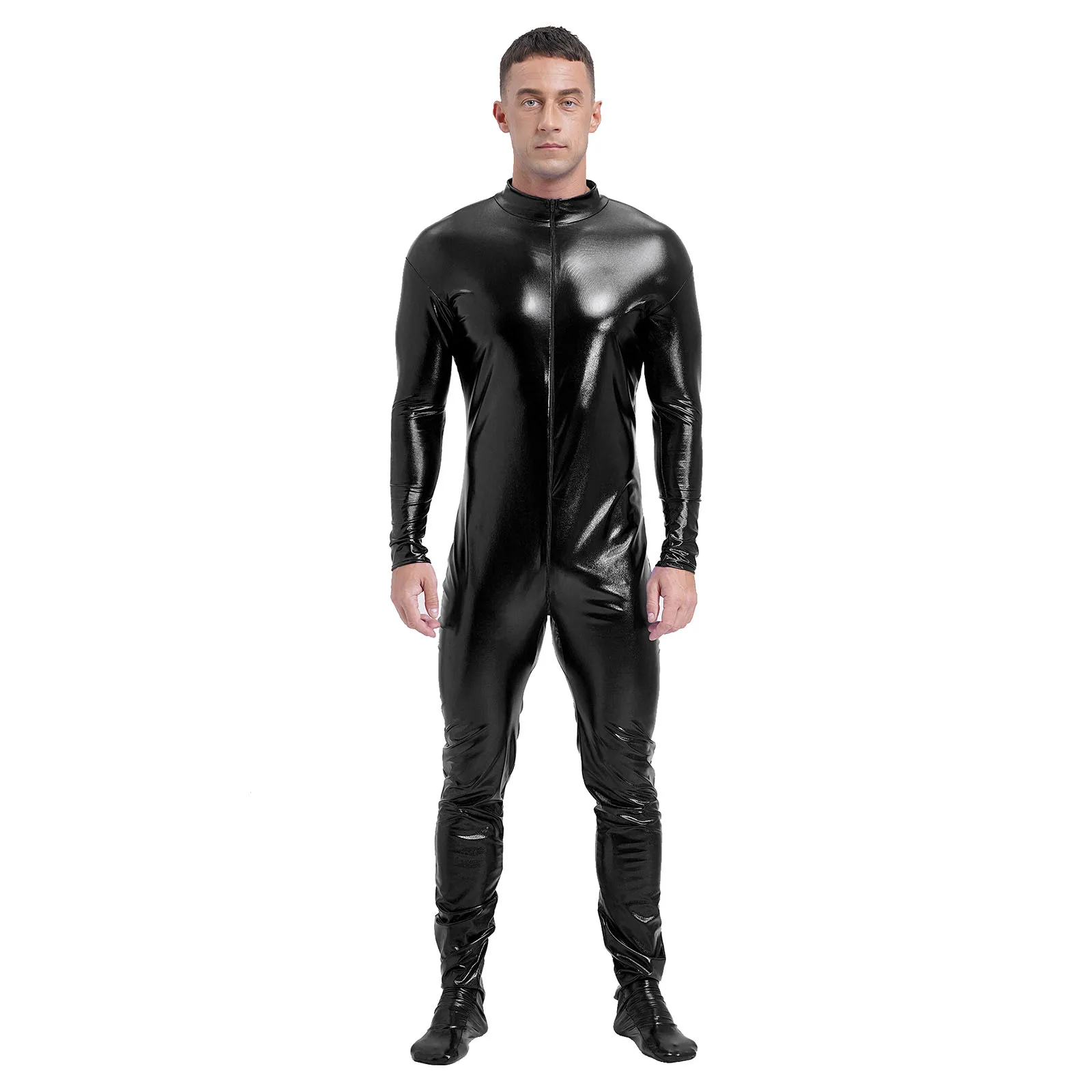 

Full Body Mens Metallic Shiny Zentai Jumpsuit Long Sleeve Front Zipper Full Body Unitard Tights Stage Clubwear Motorcycle Punk