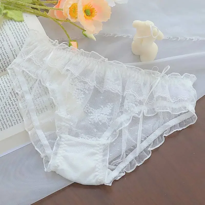 Sexy Full Lace Tulle Panties Women Japanese Breathable Transparent Underwear Mesh Ruffle Cute Girly Briefs Black White Lingerie