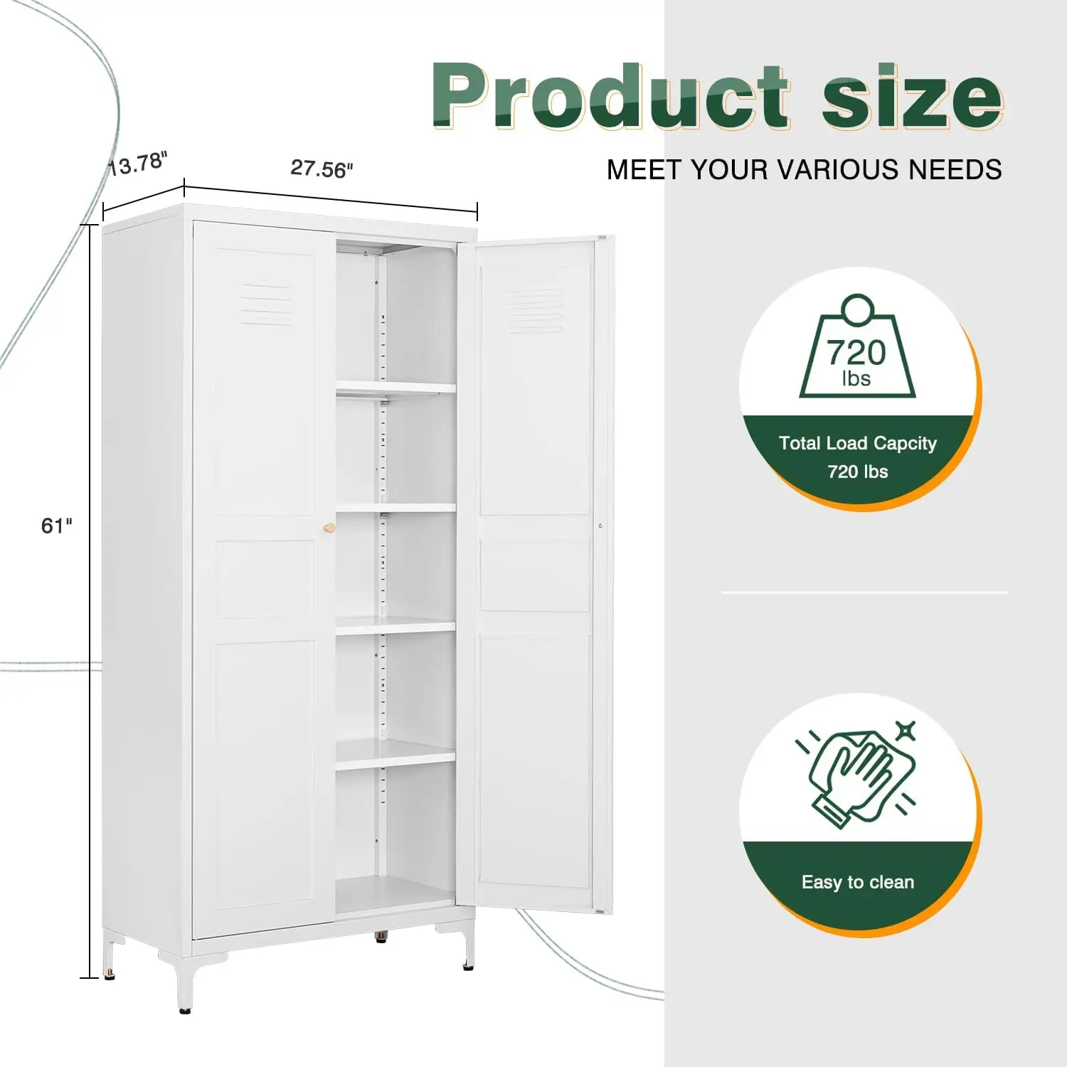 White Storage Cabinet with Feets-Metal Home Kitchen Pantry Cabinets with Doors and Adjustable Shelves,Organization Locker